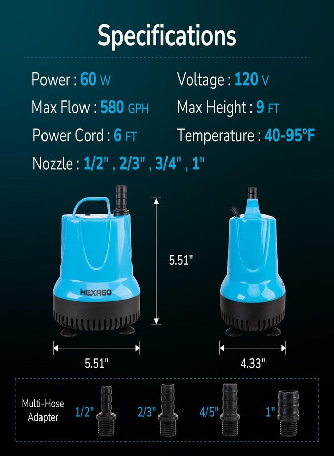 Hexago 580GPH Submersible Water Fountain Pump, 60W Small Sump Pump with 9FT High Lift, Aquarium Pumps for Outdoor Pond, Hydroponic, Statuary, Waterfall, Aquarium, Fish Tank - Image 2